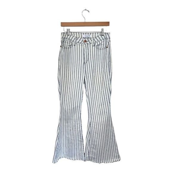 Judy Blue | Ultra High Rise Super Flare Raw Hem White Blue Stripe pants 7/28 - Picture 2 of 10